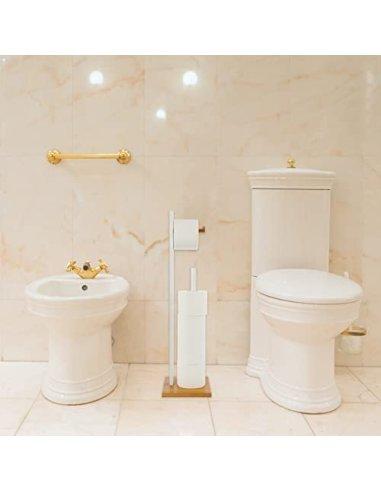 Portarrollos de Papel Higiénico de Pie Bambú/MDF Soporte para Rollos Papel Higiénico Color Blanco/Natural 19x19x71cm