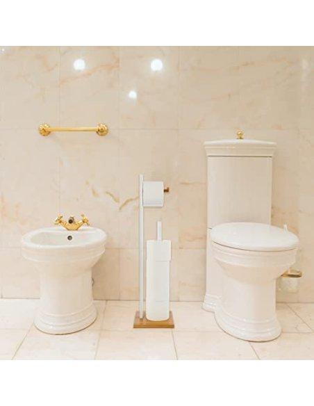 Portarrollos de Papel Higiénico de Pie Bambú/MDF Soporte para Rollos Papel Higiénico Color Blanco/Natural 19x19x71cm