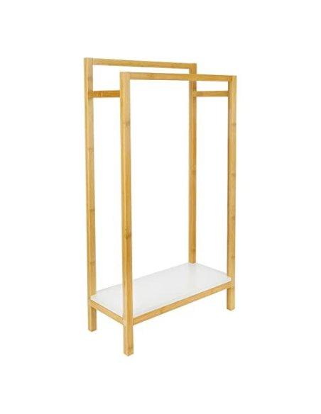 Toallero de Pie con 2 Barras Bambú/MDF Color Blanco y Marrón 45x20x83cm