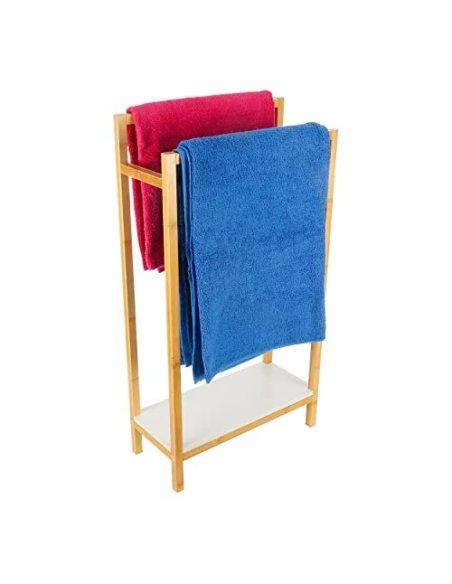 Toallero de Pie con 2 Barras Bambú/MDF Color Blanco y Marrón 45x20x83cm