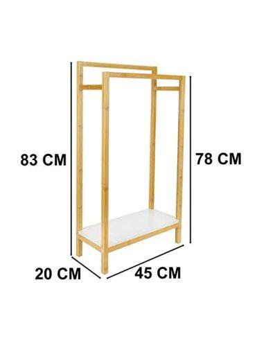 Toallero de Pie con 2 Barras Bambú/MDF Color Blanco y Marrón 45x20x83cm