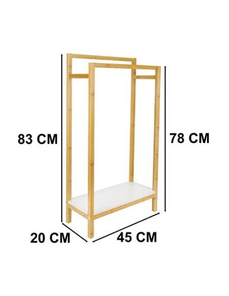 Toallero de Pie con 2 Barras Bambú/MDF Color Blanco y Marrón 45x20x83cm