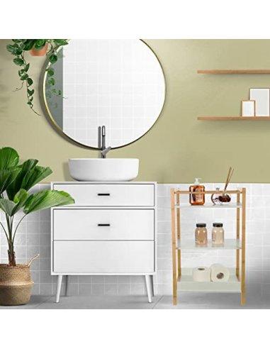 Estantería de baño Estantería Bambú y MDF de 3 Estantes Estantes para Toallas Blanco/Natural 72x44x30cm