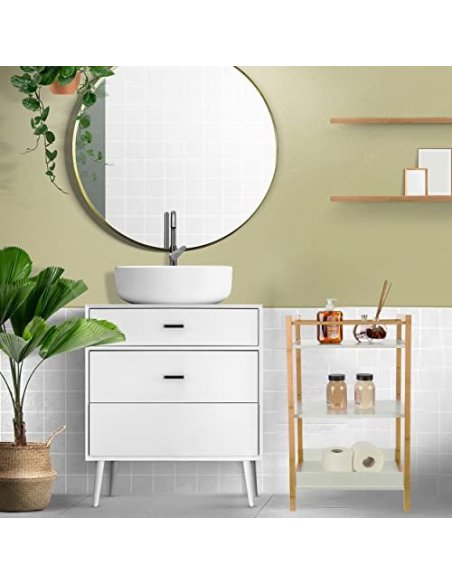 Estantería de baño Estantería Bambú y MDF de 3 Estantes Estantes para Toallas Blanco/Natural 72x44x30cm