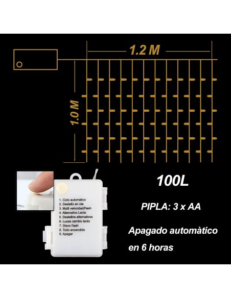 Luz de Cortina Luz Cadena LED Pilas Luces Navidad Exterior Pilas Impermeable IP44 con 8 Modos Exterior y Interior