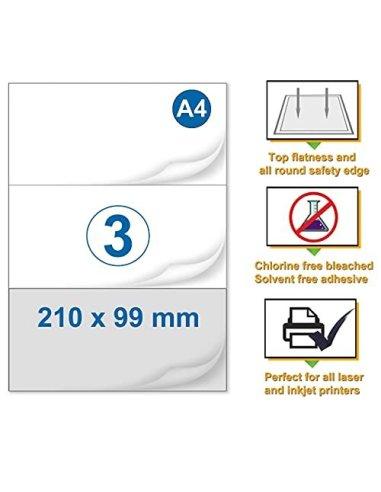 500 Etiquetas A4 Autoadhesiva 3 Etiquetas por hoja 210 x 99 mm, 500 Hojas, en Total 1500 Etiquetas para Impresoras Inkjet y L