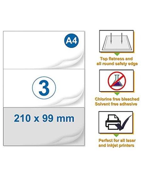 500 Etiquetas A4 Autoadhesiva 3 Etiquetas por hoja 210 x 99 mm, 500 Hojas, en Total 1500 Etiquetas para Impresoras Inkjet y L