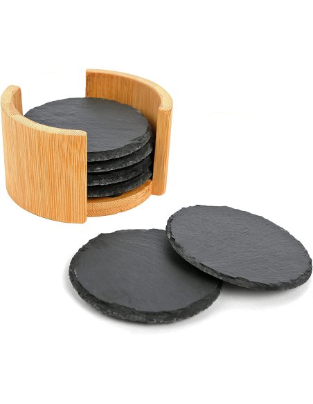 Mini Plato Llano de Pizarra Natural, Platos para Sushi, con Caja de Bambú, Negro, Tablas de Piedra Redonda 10 cm - 6 Unidades