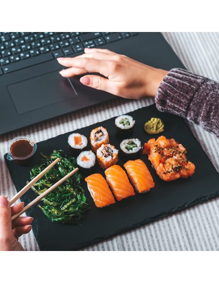 Plato Llano de Pizarra Natural, Platos para Sushi, Bandejas para Servir Alimentos Quesos, Negro, Tablas de Piedra, Retangulado