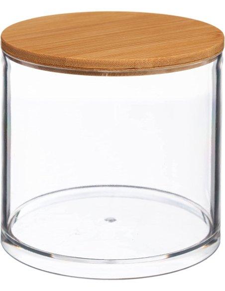 Dispensador Redondo, Tarros, Caja de Hisopos de Algodón Acrílico, Tapa de Bambú, Transparente, para Cosméticos, 9,7 x 9,6 cm