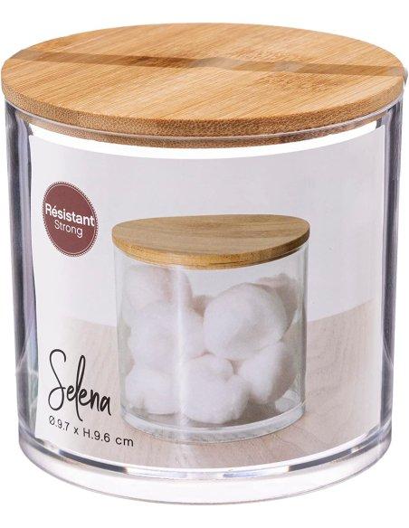 Dispensador Redondo, Tarros, Caja de Hisopos de Algodón Acrílico, Tapa de Bambú, Transparente, para Cosméticos, 9,7 x 9,6 cm