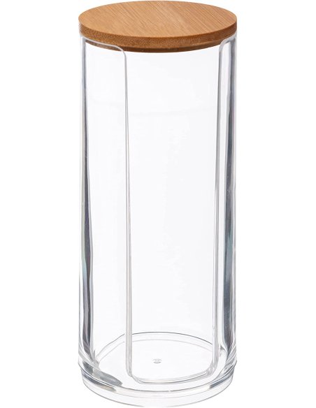 Dispensador Redondo, Contenedor de Desmaquillantes Algodón, Tapa de Bambú, Transparente, para Guarda Algodón, 7 x 17,8 cm