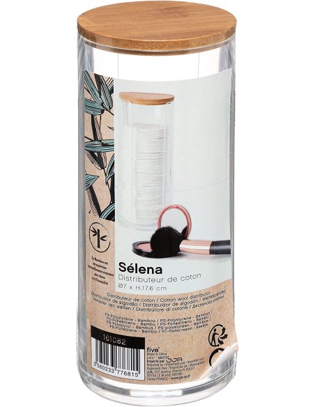 Dispensador Redondo, Contenedor de Desmaquillantes Algodón, Tapa de Bambú, Transparente, para Guarda Algodón, 7 x 17,8 cm