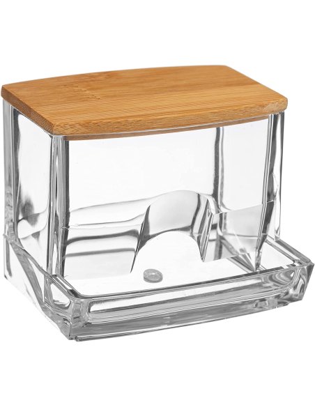 Dispensador, Tarros, Caja de Hisopos de Algodón Acrílico, Tapa de Bambú, Transparente, para Cosméticos, 9,3 x 8 x 7,4 cm