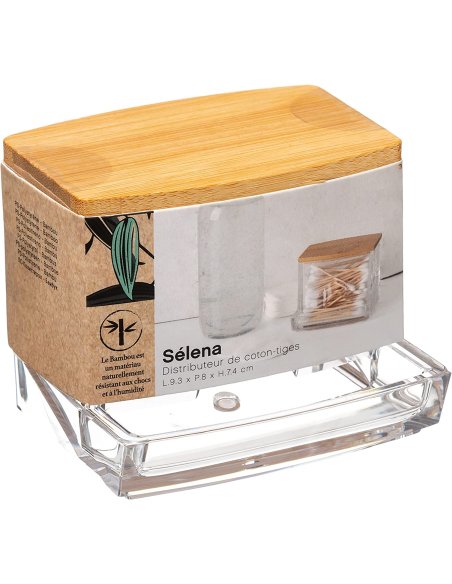 Dispensador, Tarros, Caja de Hisopos de Algodón Acrílico, Tapa de Bambú, Transparente, para Cosméticos, 9,3 x 8 x 7,4 cm