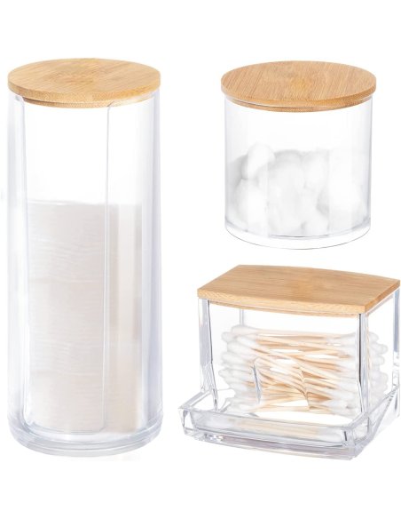 Conjunto de Contenedores, 3 piezas cajas, Tapas de Bambú, Contenedor para Algodón, Hisopos de Algodón, Desmaquillantes Algodón