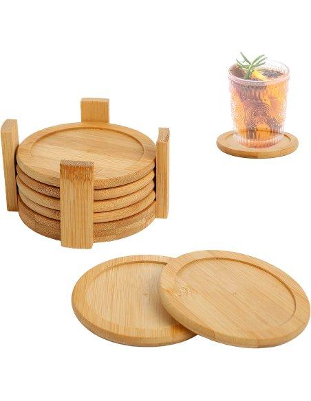 Juego de 6 Posavasos de Bambú Natural Antideslizante Redondos con Caja de Bambú, Set Posavasos para Bebidas, 10cm, Color Madera