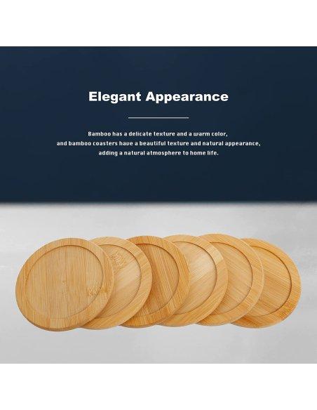Juego de 6 Posavasos de Bambú Natural Antideslizante Redondos con Caja de Bambú, Set Posavasos para Bebidas, 10cm, Color Madera