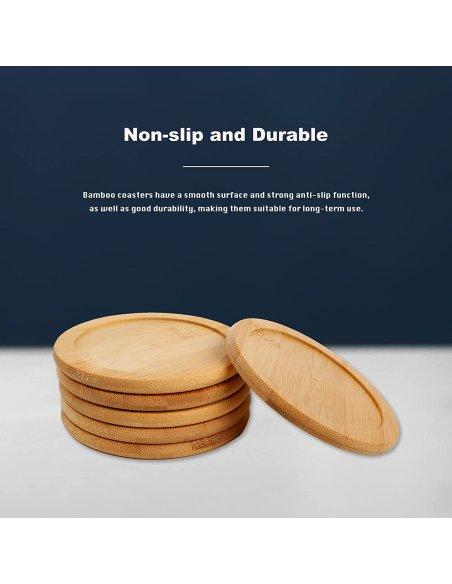 Juego de 6 Posavasos de Bambú Natural Antideslizante Redondos con Caja de Bambú, Set Posavasos para Bebidas, 10cm, Color Madera