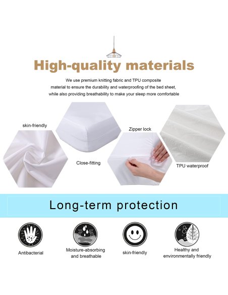 Funda Colchón con Capa Impermeable de TPU y Cremallera Cobertura Total, Impermeable y Transpirable, Elastico, Ajustable Blanco