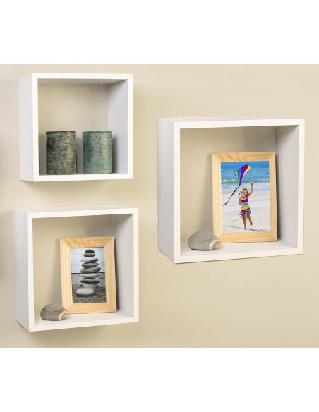 Juego de 3 Cubos Estantes de Pared, Estantería de Cubo, Estantería para Libro, Objetos de Decoración, Madera, Blanco