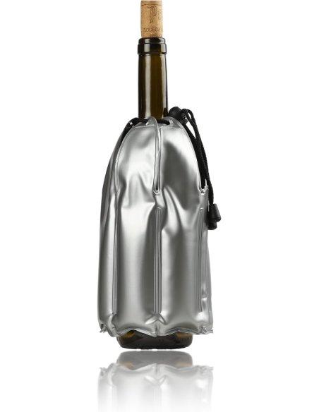 Enfriador de Botellas de Vino con Gel - Rápido y Fácil, PVC Color Plata, Diámetro 11cm, Altura 21.5cm, Banda Elástica