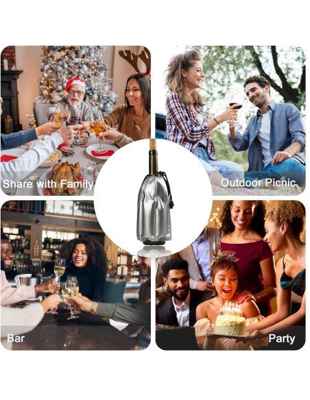 Enfriador de Botellas de Vino con Gel - Rápido y Fácil, PVC Color Plata, Diámetro 11cm, Altura 21.5cm, Banda Elástica