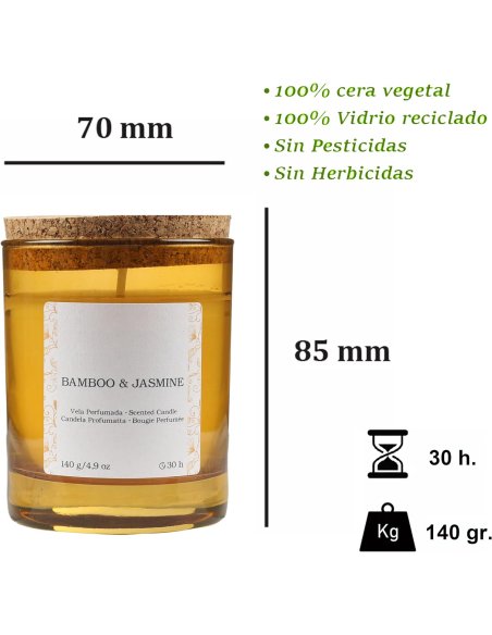 Vela Perfumada Botanical, Vela en Vaso de Cristal con Tapa de Corcho - Velas Cera Vegetal, 8.5x7cm, 140g x 1 unidad